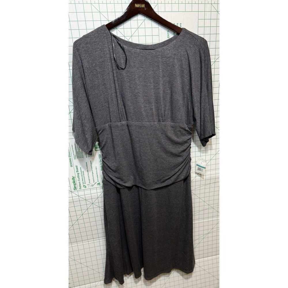 Chris McLaughlin Charcoal Ruched Short Sleeve Dress Size 16 Stretch Knit NWT
